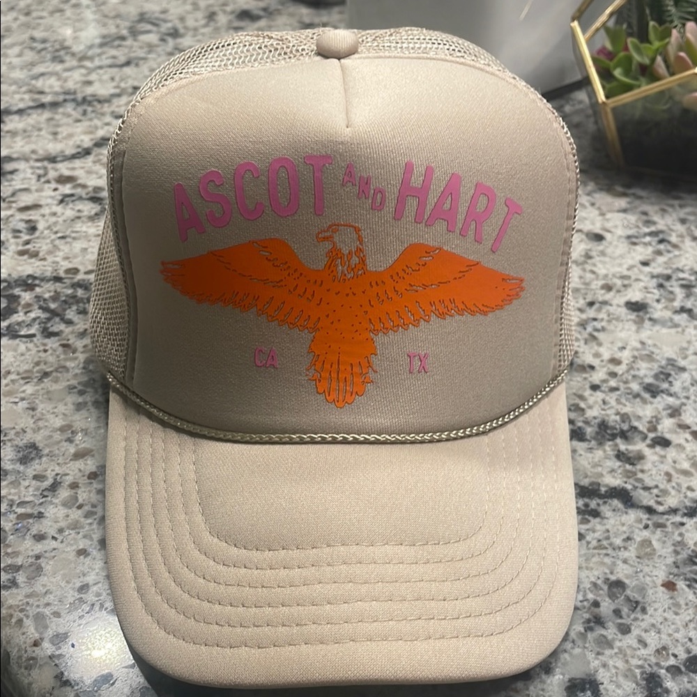 Ascot and Hart Tan Trucker Hat with Orange Eagle